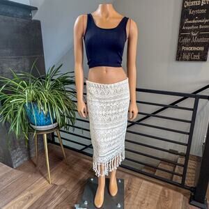 Chico's Cream Crochet Lace Midi Skirt - Boho Fringe Hem Lined Pencil Skirt Sz 1